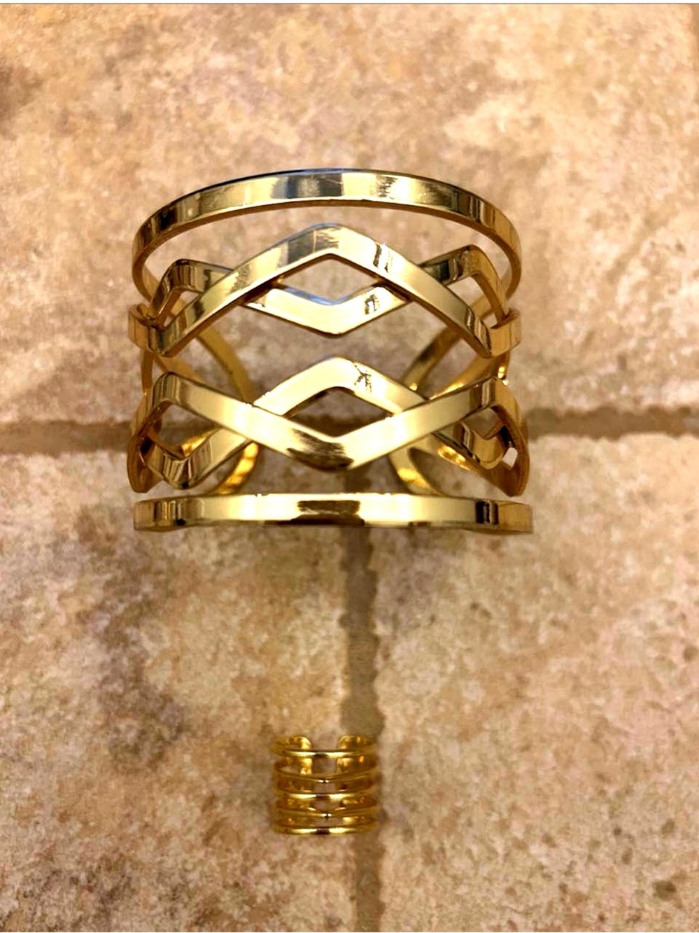 Gold Openwork Cuff Bracelet and Ring Set - Elegant Women's Jewelry